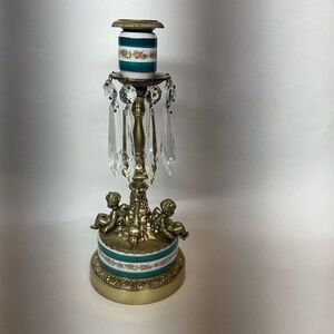 VTG Ormolu Brass Cherub Candle Holder Crystal Prism Accents Porcelain Base1.5"x4